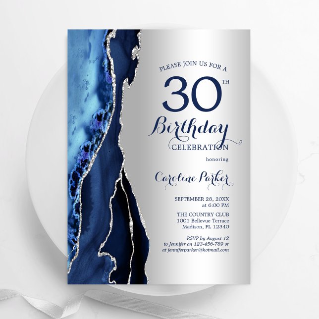 Silver Navy Blue Agate 30th Birthday Invitation (Creator Uploaded)