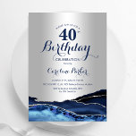 Silver Navy Blue Agate 40th Birthday Invitation<br><div class="desc">Navy blue and silver agate 40th birthday party invitation. Elegant modern design featuring royal blue watercolor agate marble geode background,  faux silver and typography script font. Trendy invite card perfect for a stylish women's bday celebration. Printed Zazzle invitations or instant download digital printable template.</div>