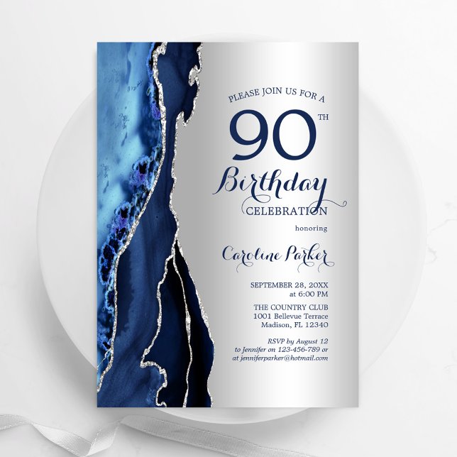 Silver Navy Blue Agate 90th Birthday Invitation (Creator Uploaded)