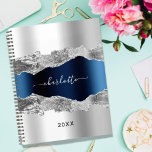 Silver navy blue agate marble name elegant 2023 planner<br><div class="desc">Faux silver and navy blue metal and agate,  marble stone print as background Personalize and add your name. The name is written with a modern hand lettered style script.</div>