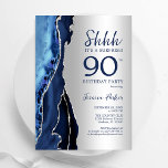 Silver Navy Blue Agate Surprise 90th Birthday Invitation<br><div class="desc">Navy blue and silver agate surprise 90th birthday party invitation. Elegant modern design featuring royal blue watercolor agate marble geode background,  faux glitter silver and typography script font. Trendy invite card perfect for a stylish women's bday celebration. Printed Zazzle invitations or instant download digital printable template.</div>