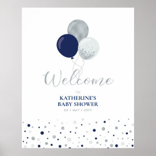 Silver & Navy Blue Balloons   Baby Shower Welcome Poster