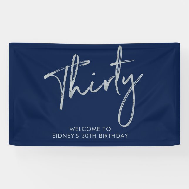 Silver & Navy Blue Birthday Party Welcome Banner (Horizontal)