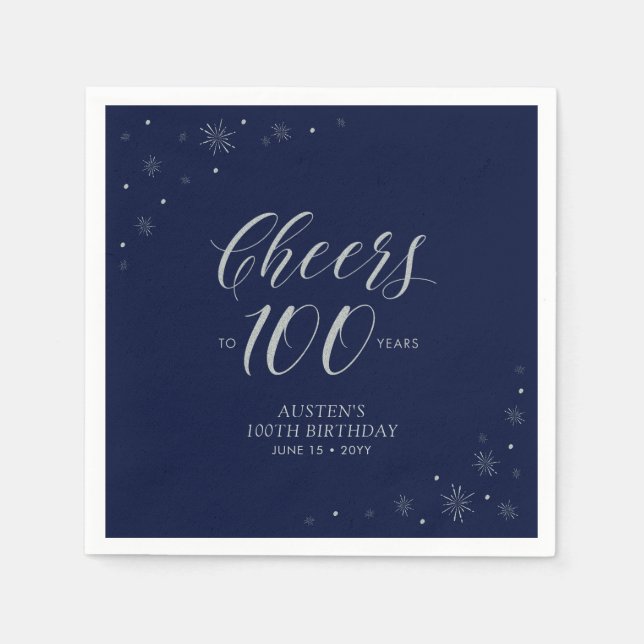 Silver & Navy Blue Cheers 100th Birthday Party Napkin (Front)