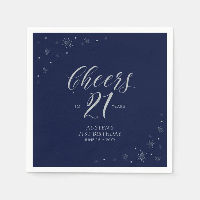Silver & Navy Blue Cheers 21st Birthday Party Napkin (Front)