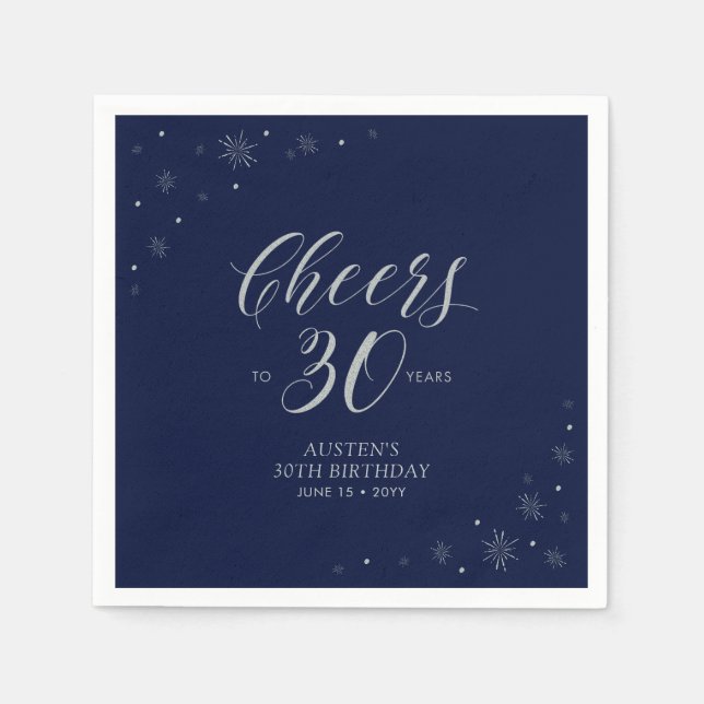 Silver & Navy Blue Cheers 30th Birthday Party Napkin (Front)