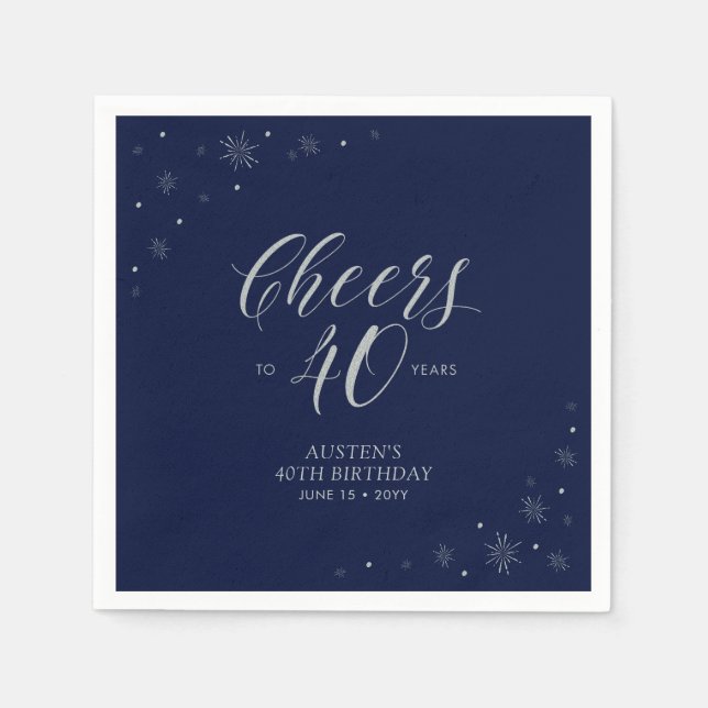 Silver & Navy Blue Cheers 40th Birthday Party Napkin (Front)