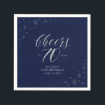 Silver & Navy Blue Cheers 70th Birthday Party Napkin<br><div class="desc">Add detail to your 70th birthday party with this personalized paper napkin. This design features chic silver typography and sparkle graphics on a dark navy blue background. You can customize the text and background colour. Matching invitations and party supplies are available at my shop BaraBomDesign.</div>