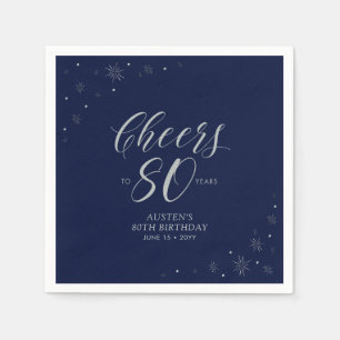 Silver & Navy Blue Cheers 80th Birthday Party Napkin