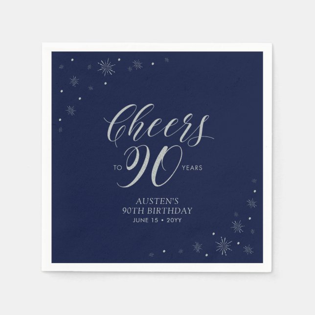 Silver & Navy Blue Cheers 90th Birthday Party Napkin (Front)