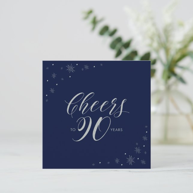 Silver Navy Blue Cheers 90th Birthday Party Square Invitation (Standing Front)