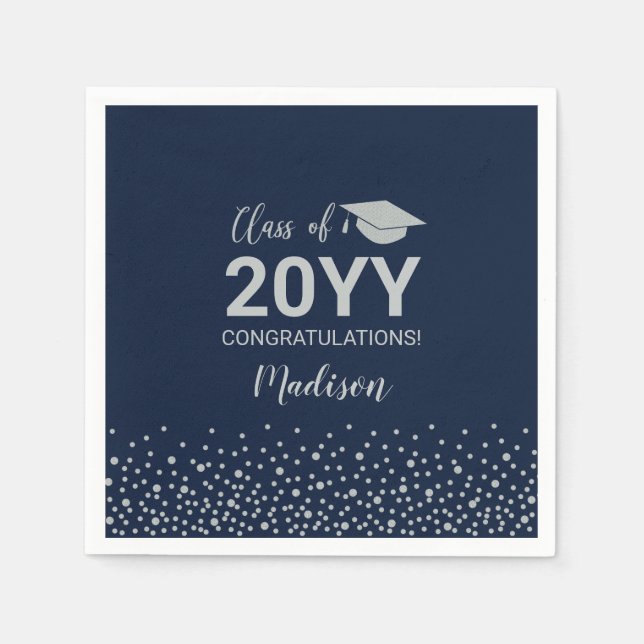 Silver & Navy Blue Confetti Class Graduation Party Napkin (Front)