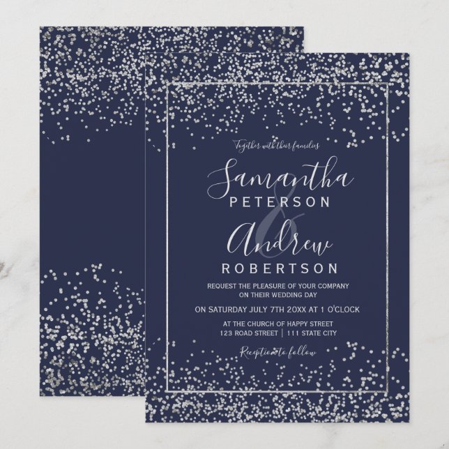 Silver navy blue confetti typography wedding invitation (Front/Back)