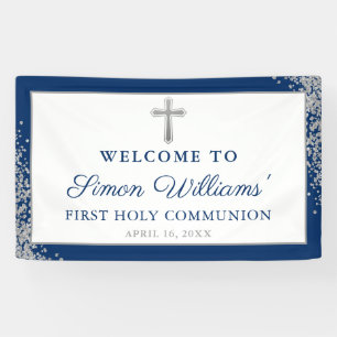 Silver Navy Blue First Holy Communion Banner