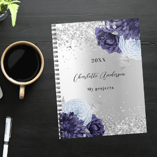Silver navy blue florals elegant glamorous notebook