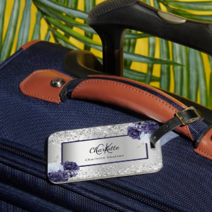 Silver navy blue florals elegant monogram name luggage tag
