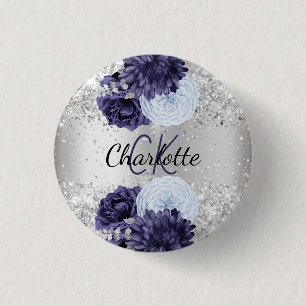 Silver navy blue florals elegant name tag 1 inch round button