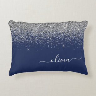 Silver Navy Blue Girly Glitter Sparkle Monogram Accent Pillow