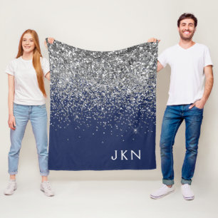 Silver Navy Blue Girly Glitter Sparkle Monogram Fleece Blanket