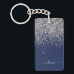 Silver Navy Blue Girly Glitter Sparkle Monogram Keychain<br><div class="desc">Silver and Navy Blue Sparkle Glitter Script Monogram Name Keychain. This makes the perfect sweet 16 birthday,  wedding,  bridal shower,  anniversary,  baby shower or bachelorette party gift for someone that loves glam luxury and chic styles.</div>