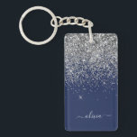Silver Navy Blue Girly Glitter Sparkle Monogram Keychain<br><div class="desc">Silver and Navy Blue Sparkle Glitter Script Monogram Name Keychain. This makes the perfect sweet 16 birthday,  wedding,  bridal shower,  anniversary,  baby shower or bachelorette party gift for someone that loves glam luxury and chic styles.</div>