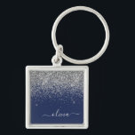 Silver Navy Blue Girly Glitter Sparkle Monogram Keychain<br><div class="desc">Silver and Navy Blue Sparkle Glitter Script Monogram Name Keychains (Key Chain). This makes the perfect sweet 16 birthday,  wedding,  bridal shower,  anniversary,  baby shower or bachelorette party gift for someone that loves glam luxury and chic styles.</div>