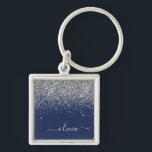 Silver Navy Blue Girly Glitter Sparkle Monogram Keychain<br><div class="desc">Silver and Navy Blue Sparkle Glitter Script Monogram Name Keychains (Key Chain). This makes the perfect sweet 16 birthday,  wedding,  bridal shower,  anniversary,  baby shower or bachelorette party gift for someone that loves glam luxury and chic styles.</div>