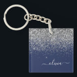 Silver Navy Blue Girly Glitter Sparkle Monogram Keychain<br><div class="desc">Navy Blue and Silver Faux Foil Sparkle Glitter Script Monogram Name Keychain. This makes the perfect sweet 16 birthday,  wedding,  bridal shower,  anniversary,  baby shower or bachelorette party gift for someone that loves glam luxury and chic styles.</div>