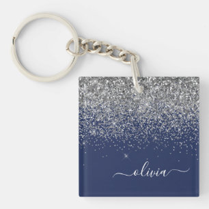 Silver Navy Blue Girly Glitter Sparkle Monogram Keychain