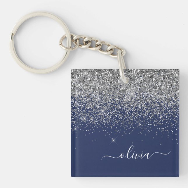 Silver Navy Blue Girly Glitter Sparkle Monogram Keychain (Front)