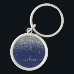 Silver Navy Blue Girly Glitter Sparkle Monogram Keychain<br><div class="desc">Silver and Navy Blue Sparkle Glitter Script Monogram Name Keychains (Key Chain). This makes the perfect sweet 16 birthday,  wedding,  bridal shower,  anniversary,  baby shower or bachelorette party gift for someone that loves glam luxury and chic styles.</div>