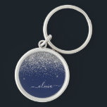Silver Navy Blue Girly Glitter Sparkle Monogram Keychain<br><div class="desc">Silver and Navy Blue Sparkle Glitter Script Monogram Name Keychains (Key Chain). This makes the perfect sweet 16 birthday,  wedding,  bridal shower,  anniversary,  baby shower or bachelorette party gift for someone that loves glam luxury and chic styles.</div>