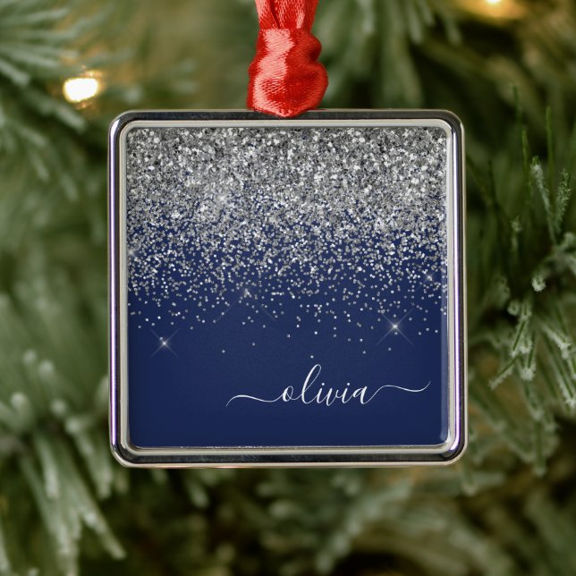 Silver Navy Blue Girly Glitter Sparkle Monogram Metal Ornament (Tree)