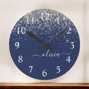 Silver Navy Blue Girly Glitter Sparkle Monogram Round Clock