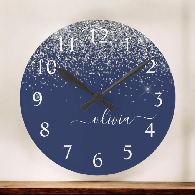Silver Navy Blue Girly Glitter Sparkle Monogram Round Clock (Creator Uploaded)