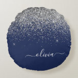 Silver Navy Blue Girly Glitter Sparkle Monogram Round Pillow<br><div class="desc">Navy Blue and Silver Sparkle Glitter Script Monogram Name Pouf Pillow. The pillow makes the perfect sweet 16 birthday,  wedding,  bridal shower,  baby shower or bachelorette party gift for someone decorating her room in rose gold.</div>