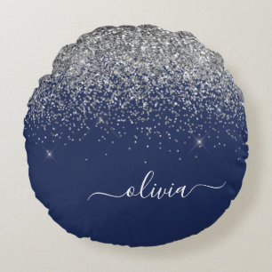 Silver Navy Blue Girly Glitter Sparkle Monogram Round Pillow