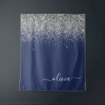 Silver Navy Blue Girly Glitter Sparkle Monogram Tapestry<br><div class="desc">Navy Blue and Silver Sparkle Glitter Script Monogram Name and Initial Tapestry. This makes the perfect sweet 16 birthday,  wedding,  bridal shower,  anniversary,  baby shower or bachelorette party gift for someone that loves glam luxury and chic styles.</div>