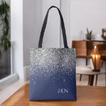 Silver Navy Blue Girly Glitter Sparkle Monogram Tote Bag<br><div class="desc">Navy Blue and Silver Faux Sparkle and Glitter Elegant Monogram Book Bag. This Book Bag can be customized to include your initial and first name and given as a gift for Christmas,  Sweet 16 Birthday,  Bridal Shower or a Wedding.</div>