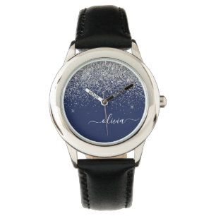 Silver Navy Blue Girly Glitter Sparkle Monogram Watch