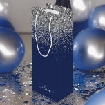 Silver Navy Blue Girly Glitter Sparkle Monogram Wine Gift Bag<br><div class="desc">Navy Blue and Silver Sparkle Glitter Script Monogram Name Gift Bag. This makes the perfect sweet 16 birthday,  wedding,  bridal shower,  anniversary,  baby shower or bachelorette party gift bag for someone that loves glam luxury and chic styles.</div>