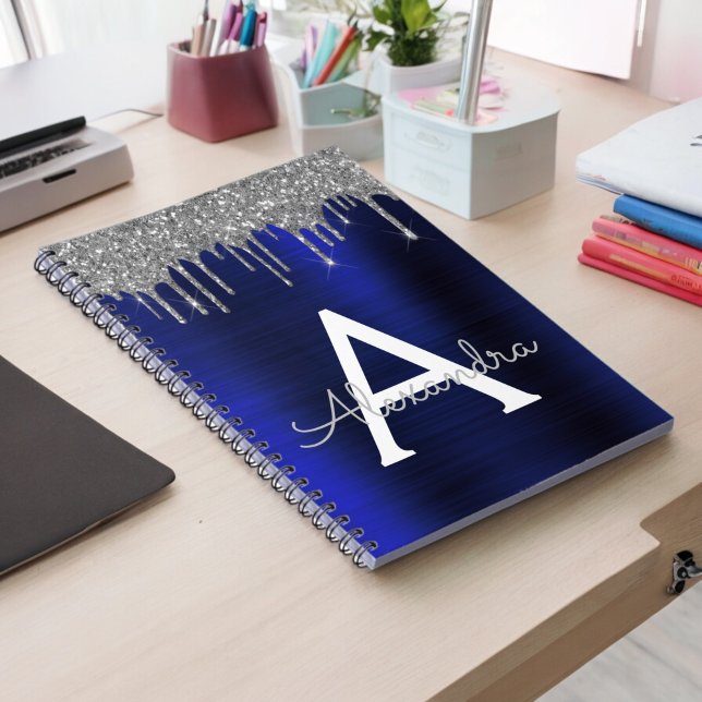 Silver Navy Blue Glitter Brushed Metal Monogram Notebook (Creator Uploaded)