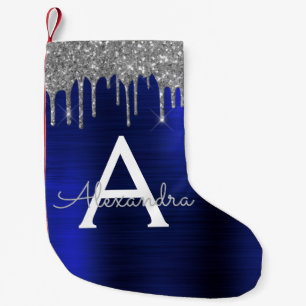 Silver Navy Blue Glitter Brushed Metal Monogram Small Christmas Stocking
