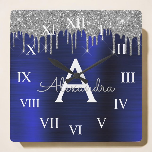 Silver Navy Blue Glitter Brushed Metal Monogram Square Wall Clock (Creator Uploaded)