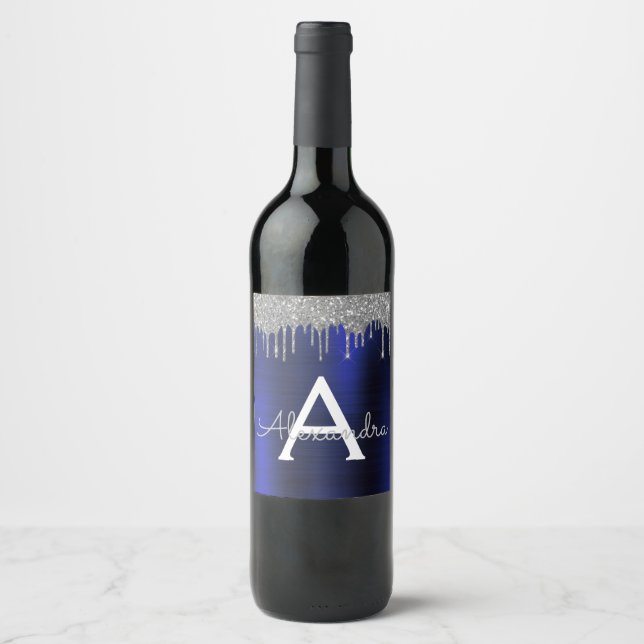 Silver Navy Blue Glitter Brushed Metal Monogram Wine Label (Front)