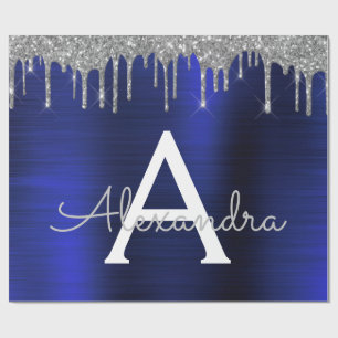 Silver Navy Blue Glitter Brushed Metal Monogram Wrapping Paper