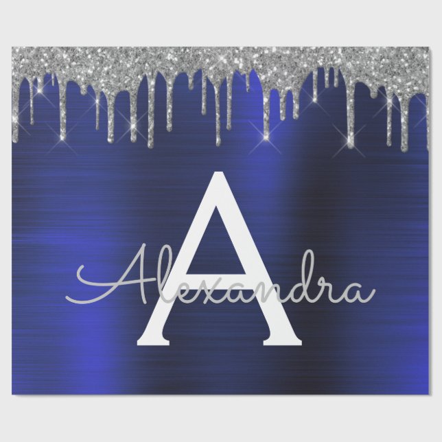 Silver Navy Blue Glitter Brushed Metal Monogram Wrapping Paper (Flat)