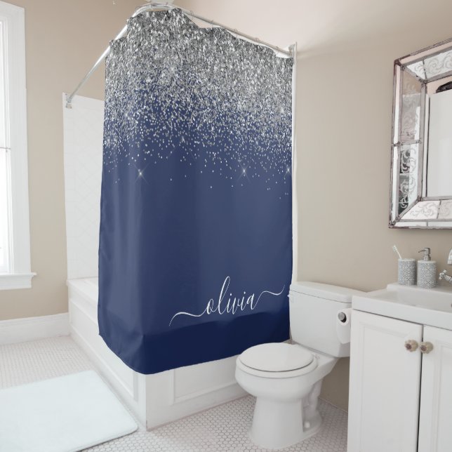 Silver Navy Blue Glitter Girly Monogram Name (In Situ)