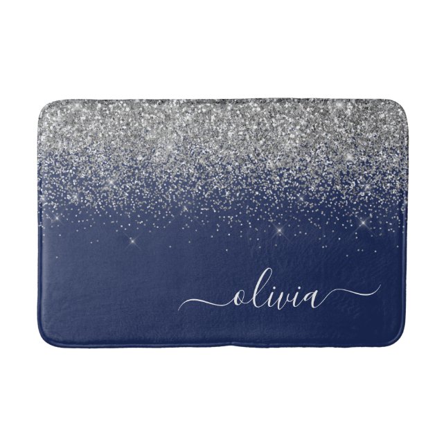 Silver Navy Blue Glitter Girly Monogram Name Bath Mat (Front)