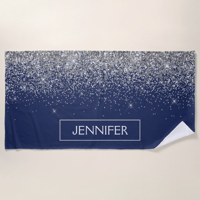 Silver Navy Blue Glitter Girly Monogram Name Beach Towel (Front)